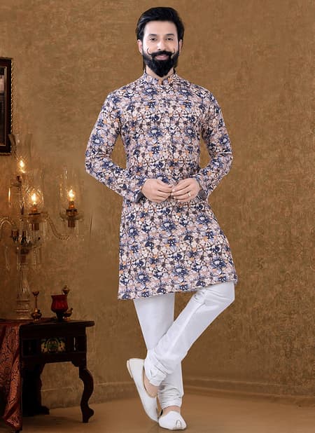 Blue Colour New Printed Ethnic Wear Cotton Mens Kurta Pajama Collection KS 1545